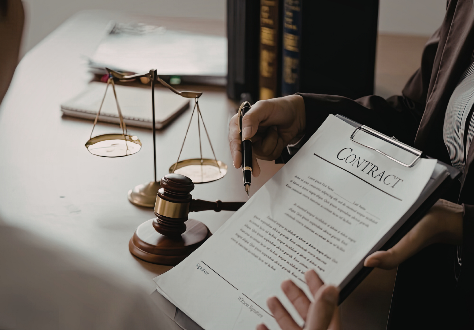 A contract shown by an attorney in an attorneys office, focusing on compliance